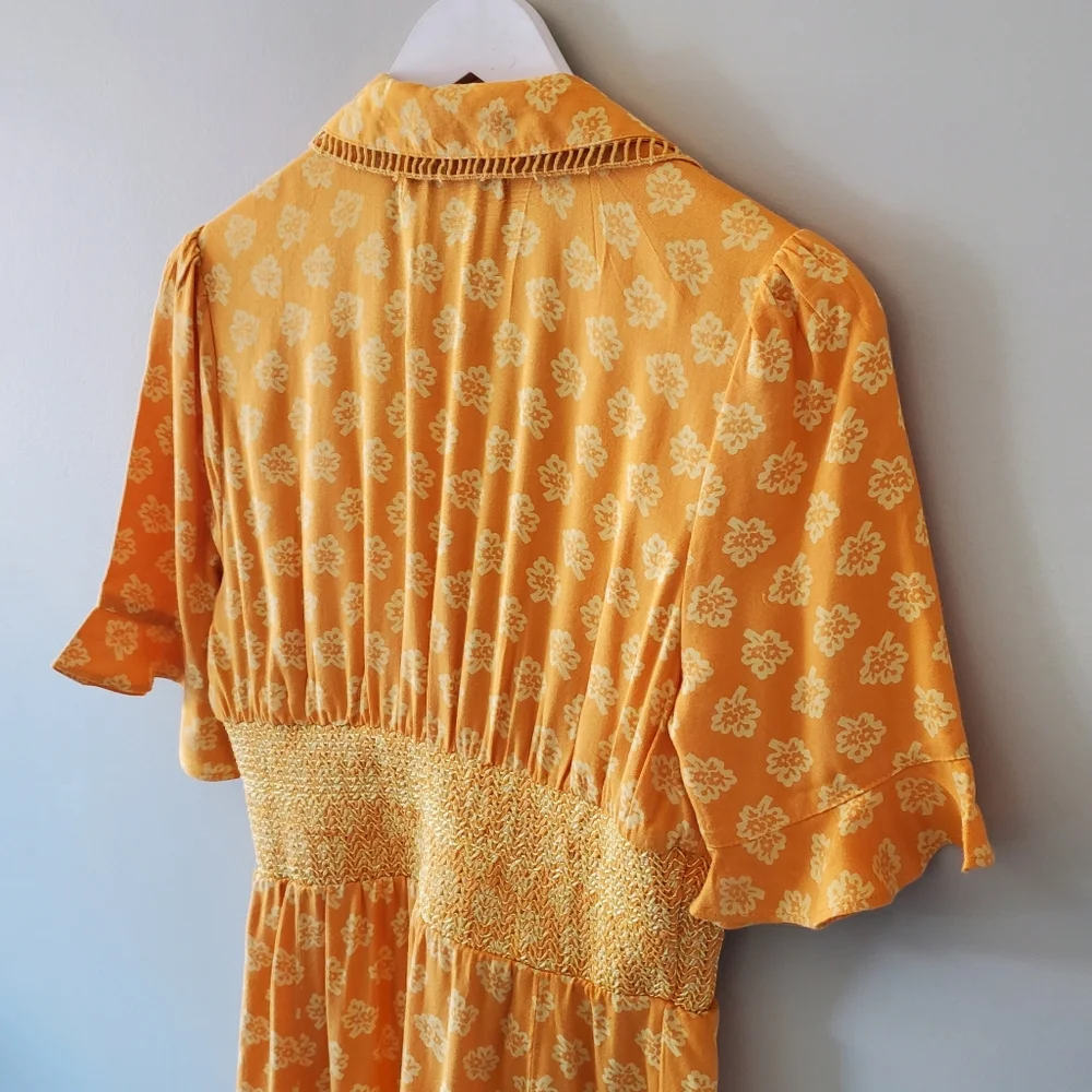 NWT Urban Outfitters S Mustard Yellow Floral Prarie Cottagecore Mini Dress - Picture 9 of 10